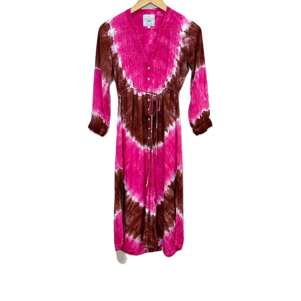 Area Stars Tie Dye V Print Long Maxi Dress Pink‎ Brown Long Sleeve Women’s Small